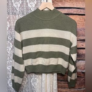 H&M Divided Olive Green and Cream Striped Turtleneck Sweater